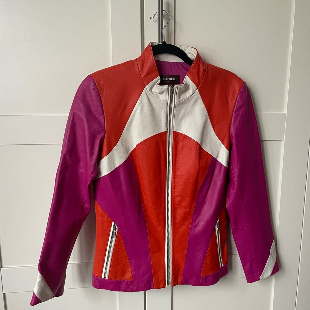 Danier Orange and Pink Leather Racing Jacket